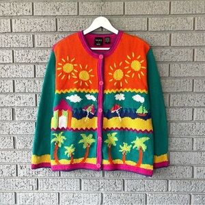 Vintage Embroidered Knit Sweater Funky Colorful Tropical Beach Scene Size Medium